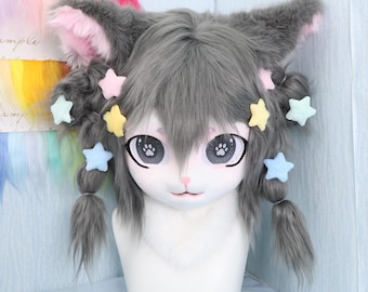 Gray Cat Fursuit Head Star Hair Clips Kawaii Cosplay Furry Mask Paw Print Eyes Matching Paws Cute Lolita Style Handmade Costume Animal Head