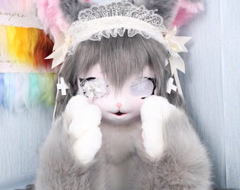 Harajuku Lolita Cat Furry Head Lace Eyepatch Cross Bows Star Eyes Handmade Gray Cosplay Mask Paw Gloves Kawaii Soft Plush Costume Helmet