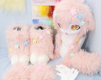 Pink Sheep Fursuit Full Set Handmade Furry Costume Head Star Paws Tail Gloves Cute Pastel Star Decor Cartoon Eyes Lolita Cosplay KIG