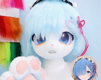 Rem Kigurumi Fursuit Head Anime Cosplay Helmet Handmade Re Zero Costume Headwear Soft Girl Lolita Style Blue Gloves Gift for Otaku Roleplay
