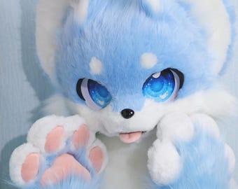 Sky Blue Dog Fursuit Head Blue Paws Magnetic Tongue Kemono KIG Style Cosplay Mask Animal Helmet Plush Dog Character Costume Gift for Furry