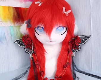 Red Furry Ram Fursuit Head Blue Gradient Eyes Cosplay Lolita Cute Animal Costume Matching Paw Gloves Handmade Kemono Mask Plush Anime