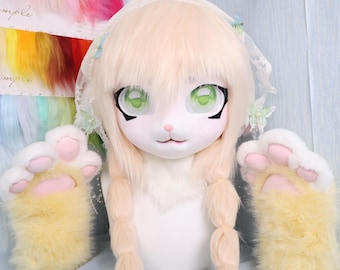 Kawaii Yellow Sheep Fursuit Head Paws Handmade Cosplay Mask Poseable Ear Gradient Eyes Braided Hair Lace Bow Cute Lolita Style Furry Costume