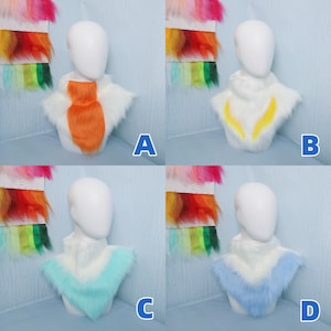 May include: Four faux fur neck pieces in white, orange, yellow, turquoise, and blue. Each piece is displayed on a mannequin head. Color swatches are visible in the background, with a light blue background.