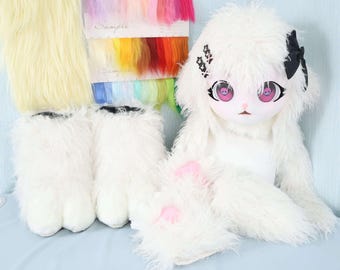 White Lamb Fursuit Handmade Fluffy Sheep Costume Skull Eyes Paw Gloves Tail Feet Gothic Sweet Hair Accessories Cosplay Outfit Suit Full Set