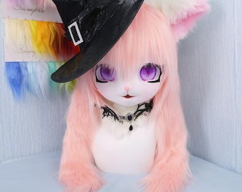 Mystical Witch Cat Furry Head with Pink Fur White Ears Matching Paws Gothic Choker Handmade KIG Style Lolita Cosplay Mask for Halloween