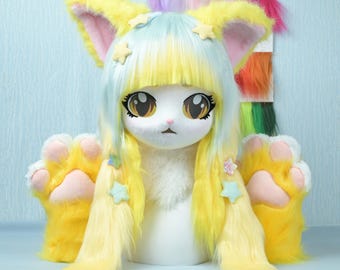 Custom Cat Fursuit Head Yellow Blue Fur Mask Handmade Furry Cosplay Head With Paws Cute Mascot Costume Kigurumi Kemono Style Gift