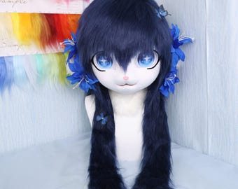 Navy Blue Ram Fursuit Head Starry Gradient Eyes Cosplay Lolita Cute Furry Animal Costume Matching Paw Gloves Handmade Anime Style Mask