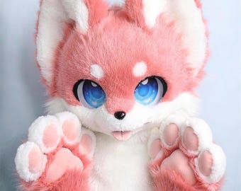 Pink White Kemono Fox Fursuit Head Magnetic Tongue Plush Cosplay Mask Furry Costume Prop
