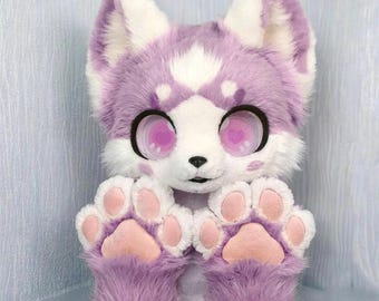 Lavender Purple Kemono Fox Fursuit Head Pink Heart Eyes Kawaii Furry Cosplay Mask Prop