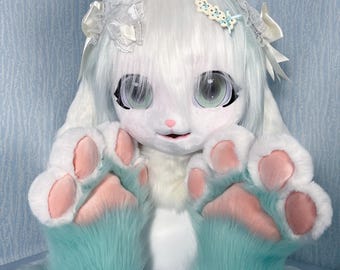 Mint Bunny Fursuit Head with Droopy Ears Matching Paws and Hair Accessories Fluffy Soft Plush Costume Set for Kawaii Cosplay Furry Outfit