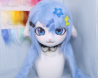 Blue Furry Sheep Ears Fursuit Head Handmade Cosplay Mask Punk Collar Star Hair Clips Long Twin Braids Cute Lolita Style Furry Fans Costume