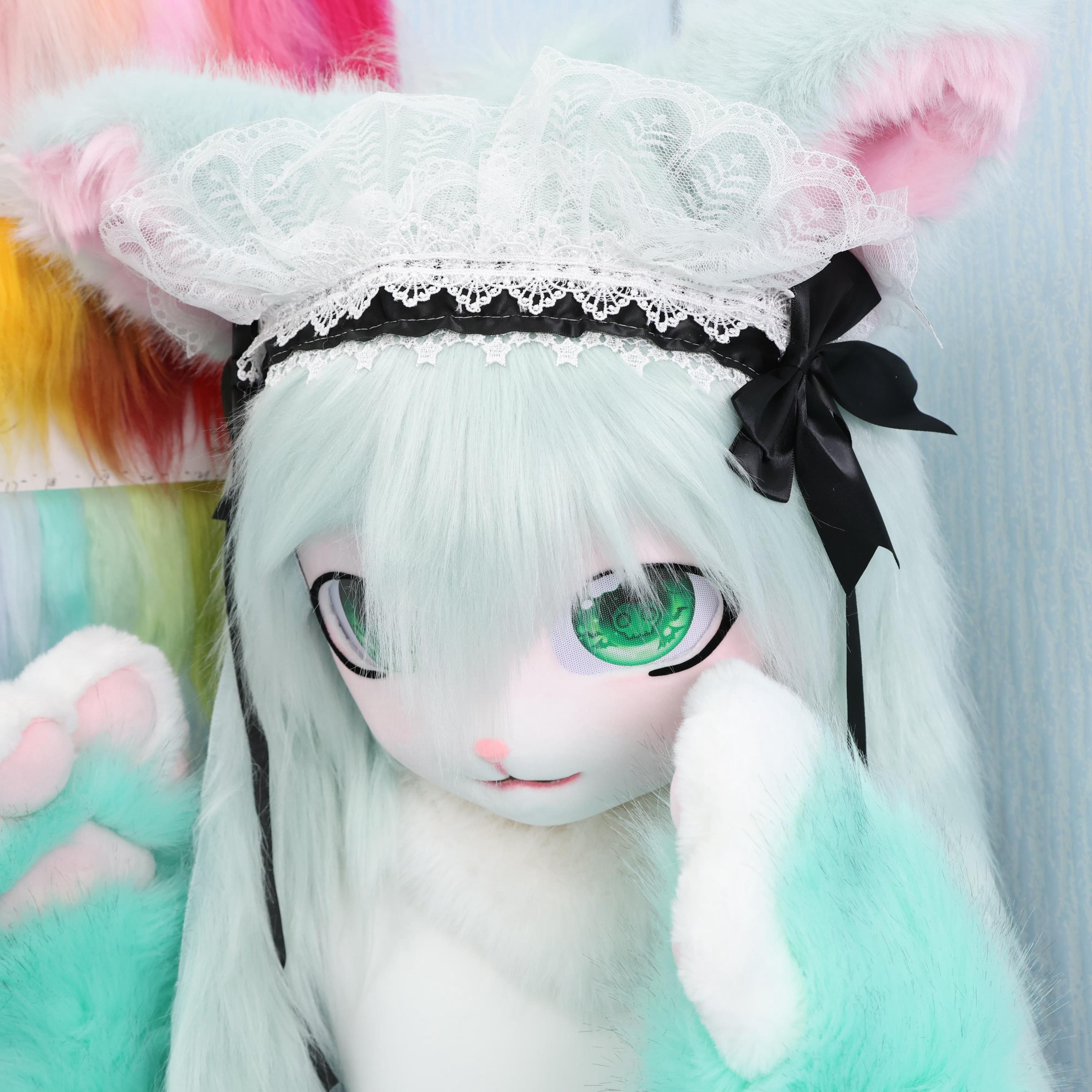 Mint Green White Bunny Fursuit Head Ocean Inspired Hair Clips
