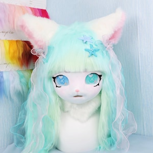 Minty Ocean Cat Fursuit Head Matching Paws Handmade Sea Salt Pastel Kitty Mask Furry Cosplay Lolita Style Kawaii Costume Cute Wear