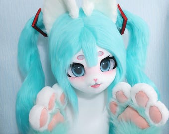 Hatsune Bunny Furry Mask Handmade Kigurumi Cosplay Head Twin Pigtails Lolita Style Fursuit Pink Blue Rabbit Costume Anime Cosplay Headwear