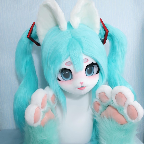 Hatsune Bunny Furry Mask Handmade Kigurumi Cosplay Head Twin Pigtails Lolita Style Fursuit Pink Blue Rabbit Costume Anime Cosplay Headwear