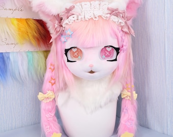 Sweet Pink Cat Fursuit Head ERDL Furry Mask Kawaii Cosplay Handmade Costume with Pastel Heart Eyes Star Clips Lace Headband Lolita Style