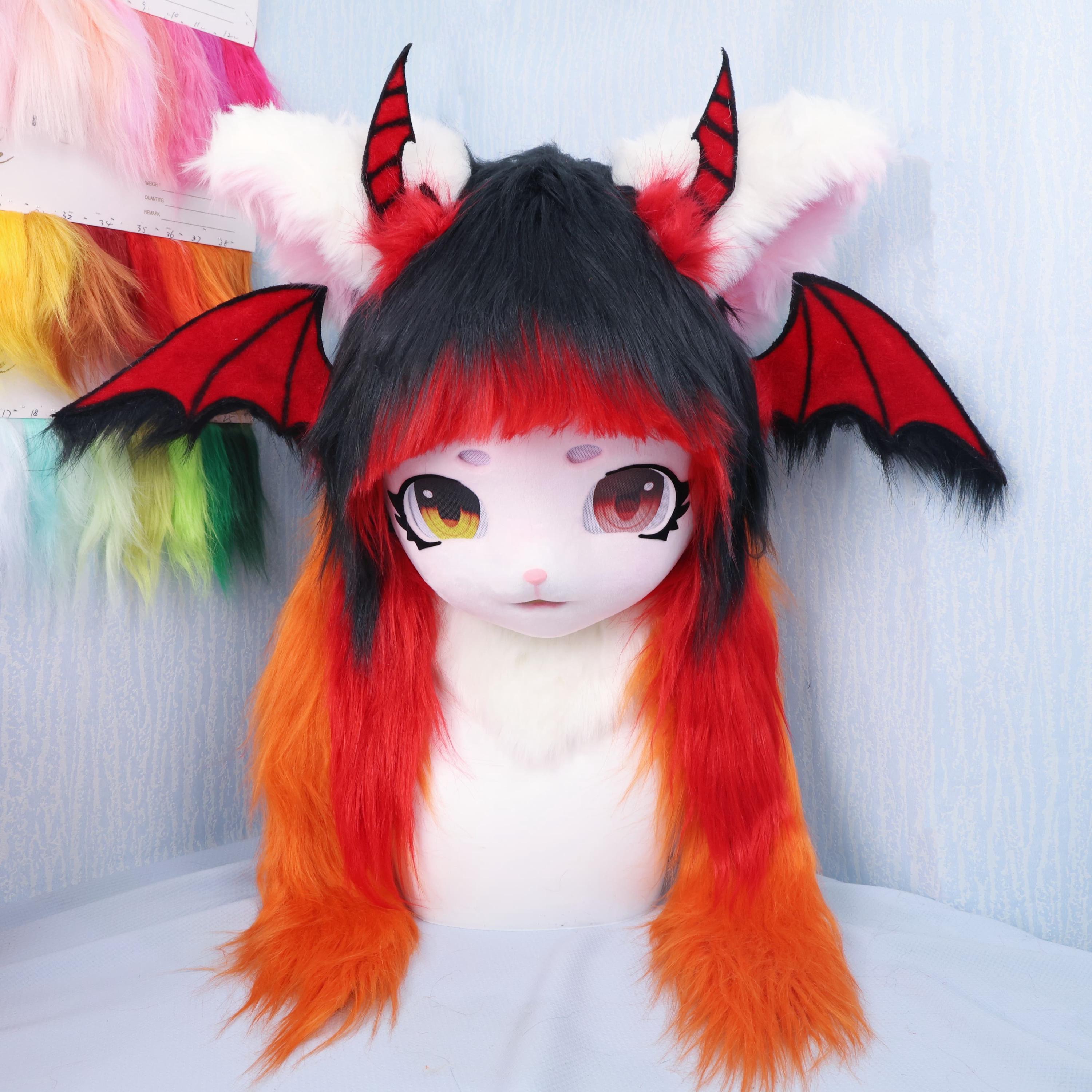 Gothic Demon Cat Fursuit Head and Paw Gloves Handmade Red Black