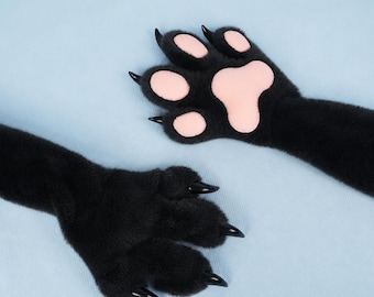 Black Plush Long Fursuit Paw Gloves With Claws Animal Hand Paws Cosplay Furry Accessory
