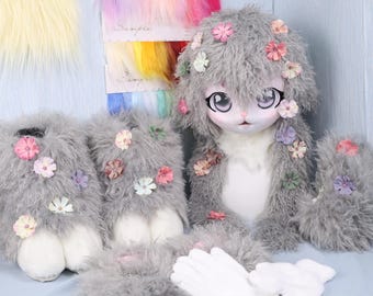 Gray Sheep Fursuit Full Set Handmade Furry Costume Head Paws Tail Gloves Cartoon Eyes Flower Decor Cosplay Events Plush Animal Performance