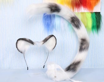 Snow Leopard Ears Tail Cosplay Set Realistic Faux Fur Furry Costume Accessories Wire Posable Tail Black Ring Markings Handmade Cosplay Prop
