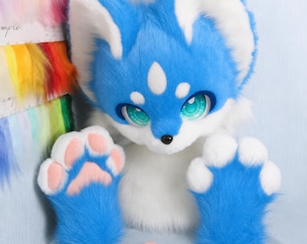 Sky Blue Teardrop Fox Fursuit Head Matching Paw Gloves Soft Plush Furry Cosplay Set