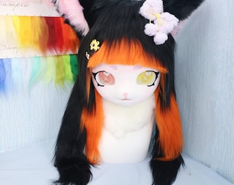 Black Orange Cat Fursuit Head Heterochromatic Eyes Handmade Furry Cosplay Mask Paw Gloves Hair Clips Wig Kemono Costume Halloween Party Wear