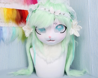 Pastel Green Furry Head Angel Lace Cross Cat Fursuit Mask Hair Clips Poseable Sheep Ears Paw Gloves Handmade Cosplay Lolita Furry Costume