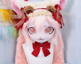 Pastel Pink Furry Cat Fursuit Head Handmade Cosplay Mask with Cute Bows Long Braids Matching Paw Gloves Kawaii Lolita Style Pastel Costume