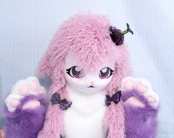 Purple Sheep Fursuit Head Curly Toscana Fur Halloween Gothic Accessories Purple Paw Gloves Cute Furry Cosplay Mask Cartoon Handmade Costume