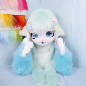 Aqua Sheep Fursuit Head Handmade Cute Furry Cosplay Mask with Matching Blue Paw Gloves Pastel Kawaii Costume Lolita Style Animal Outfit