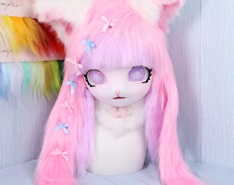 Kawaii Pink Purple Furry Cat Fursuit Head Handmade Cosplay Mask with Long Braids Bunny Eyes Matching Paw Gloves Lolita Style Pastel Costume