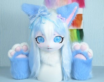 Blue White Cat Fursuit Head Blue Eyes Furry Cosplay Mask Cat Fursona Head With Blue Paws Handmade Animal Costume Head Kigurumi Prop