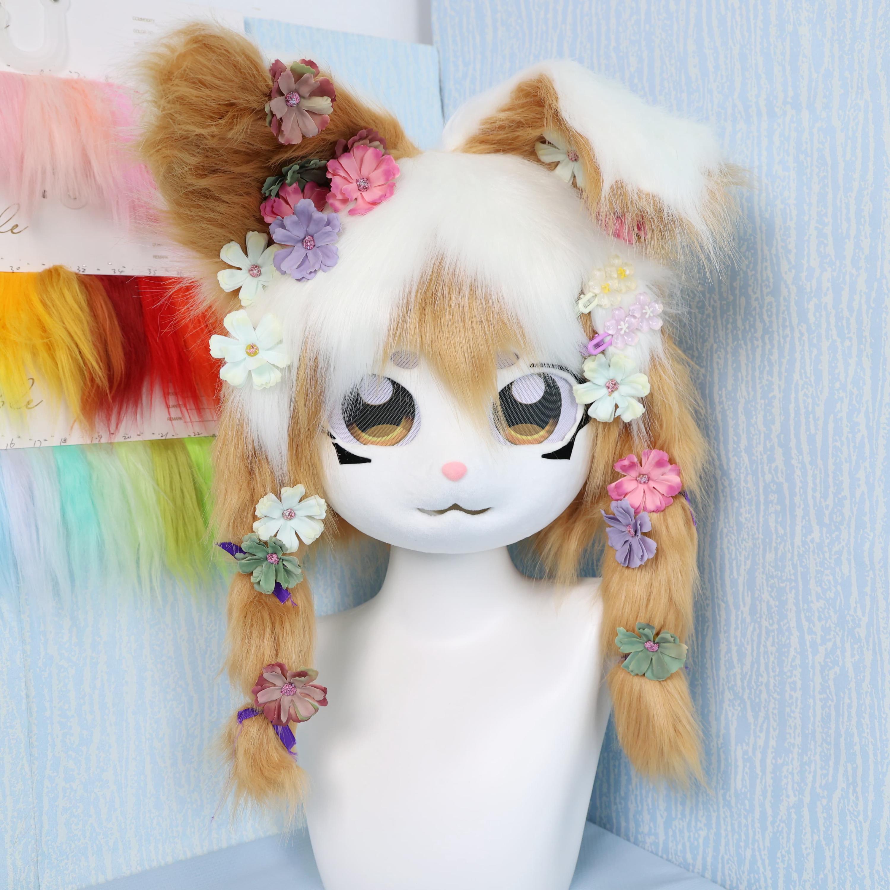 Brown White Bunny Fursuit Head Flower Hair Clips Cute Kawaii Furry