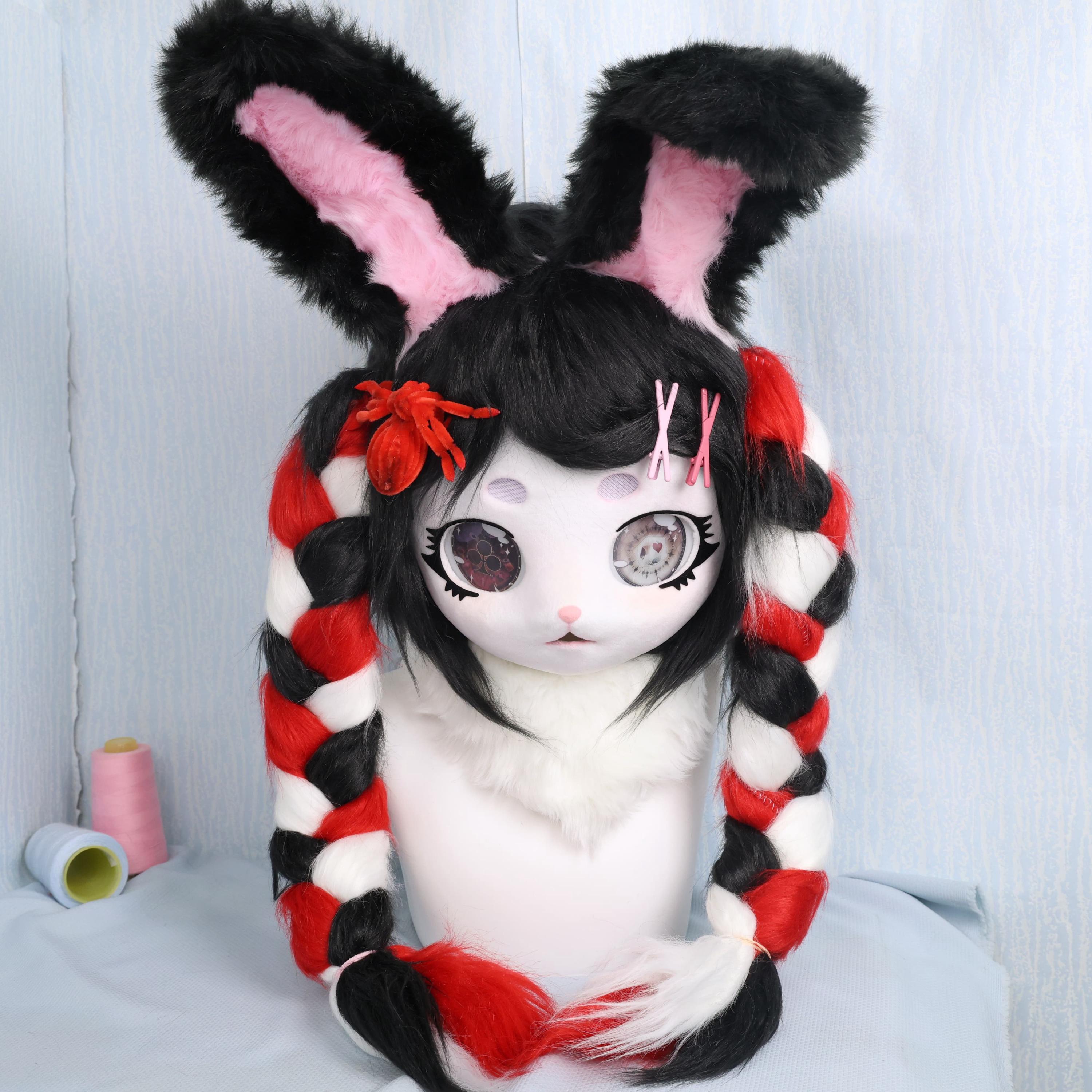 Black Bunny Fursuit Head Red Black White Braids Lenticular Eyes