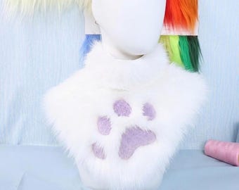Collar blanco para traje de piel sintética con estampado de patas moradas claras, accesorio de peluche para cosplay.