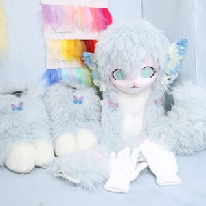 Curly Mint Lamb Fursuit Handmade Full Set Head Paws Tail Gloves Pastel Kawaii Costume Cross Eyes Butterfly Hair Clips Cute Animal Mask
