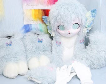 Curly Mint Lamb Fursuit Handmade Full Set Head Paws Tail Gloves Pastel Kawaii Costume Cross Eyes Butterfly Hair Clips Cute Animal Mask