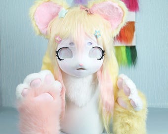 Yellow Pink Fur Cat Beast Head Pink Eyes Pink Yellow Claws Furry Cosplay Mask Animal Costume Head Fursona Fursuit Head Handmade Cosplay Prop
