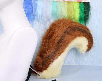 Squirrel Inspired Furry Tail Brown Cream Faux Fur Costume Tail Black Stripes Realistic Animal Cosplay Accessory Fursuit Halloween Dress Up
