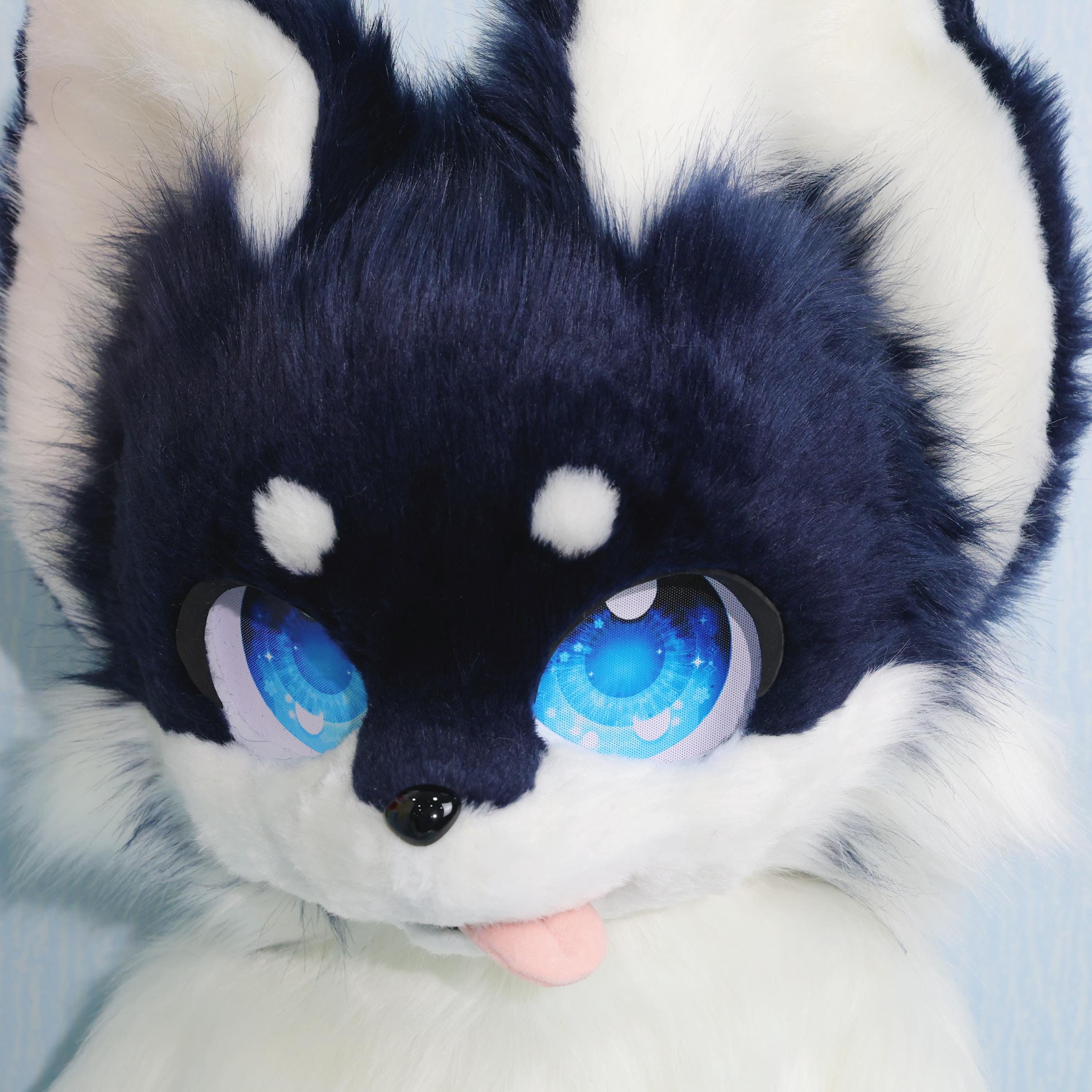 Navy Blue Kemono Dog Fursuit Head Set White Paws Magnetic Tongue
