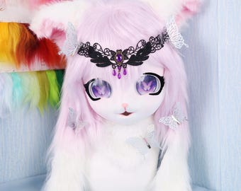Mystical Lilac Cat Fursuit Head Handmade Cosplay Mask Purple Gem Crown Fluttering Butterfly Eyes Lolita Fantasy Style Furry Costume Piece