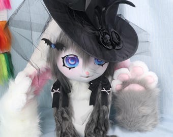 Witch Bunny Fursuit Head Handmade White Gray Floppy Ear Cosplay Mask Witch Hat Braided Hair Bat Hairclip Gothic Lolita Halloween Costume
