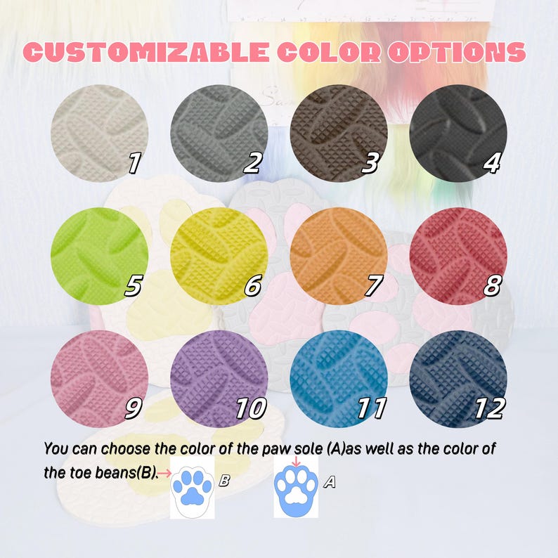 Fursuit paw pad soles handmade with foam designed for durability comfort and traction. Perfect non slip accessory for cosplay furry shoes or mascot footwear fitting EU 38 to 43 US 6 to 9. Custom color choices available to match your outfit. These pads provide realistic paw detail while ensuring safety on smooth surfaces. Great for performers fans and costume lovers looking for practical stylish solutions.