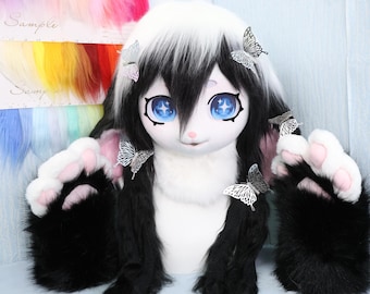Cute Lop Eared Bunny Fursuit Head Black White Fur Starry Eyes Silver Butterfly Hair Clips Matching Paw Gloves Handmade Cosplay Furry Lolita