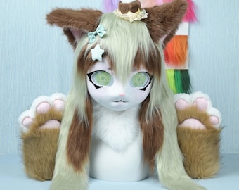 Custom Cat Fursuit Head Brown Green Fur Mask Handmade Furry Cosplay Head With Paws Cute Mascot Costume Kigurumi Kemono Style Gift