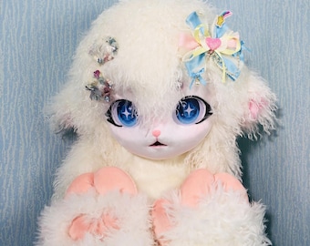 Cute Fluffy Sheep Fursuit Head with Matching Paws Hair Accessories Handmade Animal Costume Set for Kawaii Cosplay Halloween Fursona Outfit