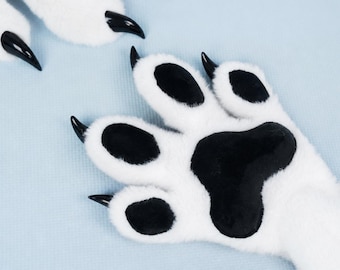Long Sleeve White Plush Animal Paw Glove Resin Nail Furry Cosplay Kemono Costume Gear