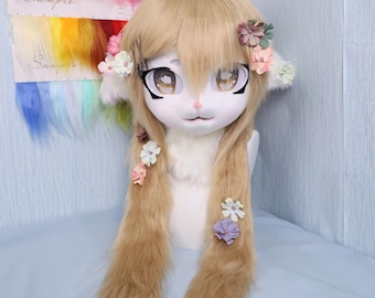 Furry Fursuit Head Tan Fur Floral Accessories Matching Paw Gloves Handmade Cosplay Lolita Cottagecore Pastoral Style Costume Kawaii Mask