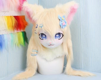Golden Fox Princess Fursuit Head Starry Blue Eyes Blonde Fluffy Ears Pink Paw Gloves Kawaii Cosplay Mask Lolita JK Anime Furry Costume Suit